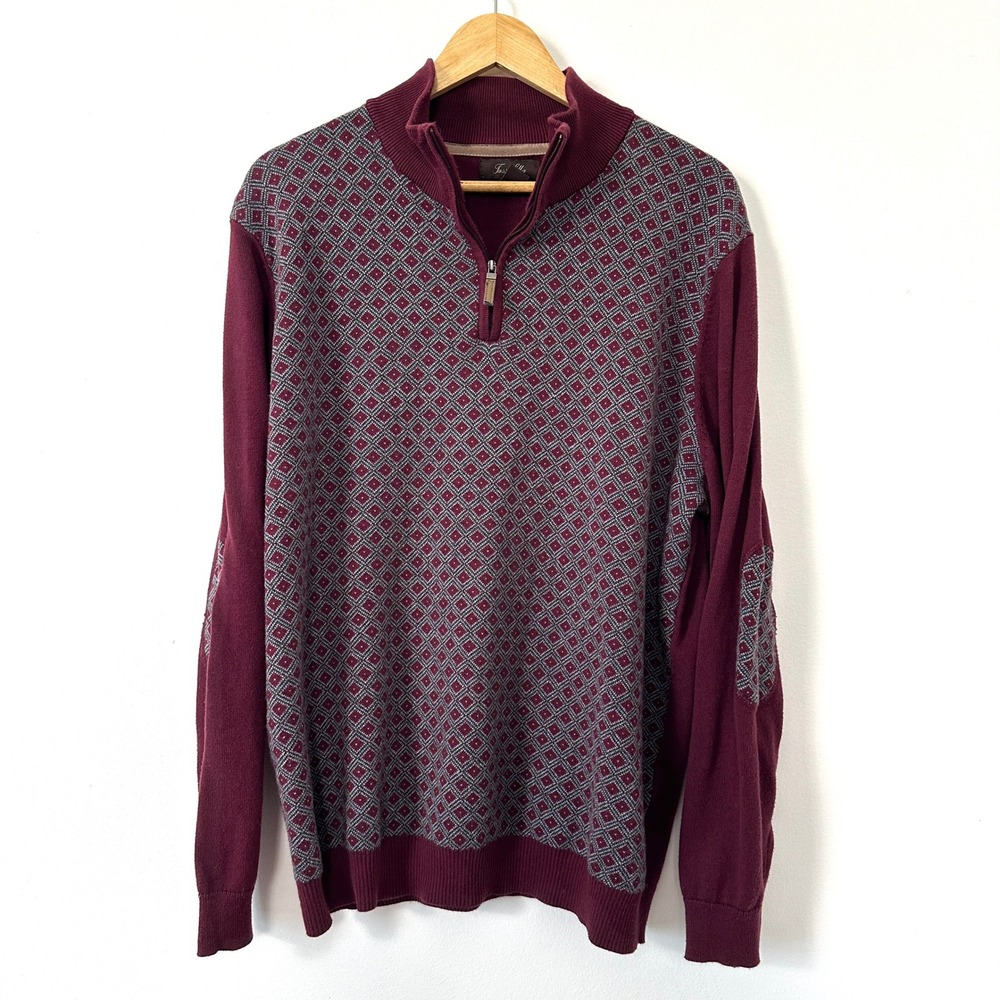 Quarter Zip Geometric Sweater Elbow Patch Burgundy XL Grandpa Core Heritage Golf